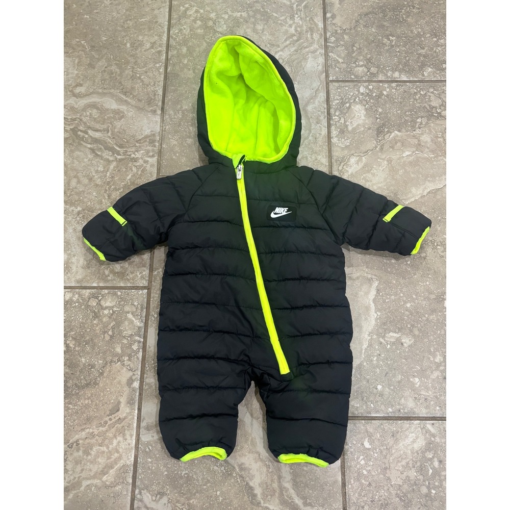 Nike Baby Puffer Snowsuit Black Neon Yellow Hooded Bunting 0-3M C643-023